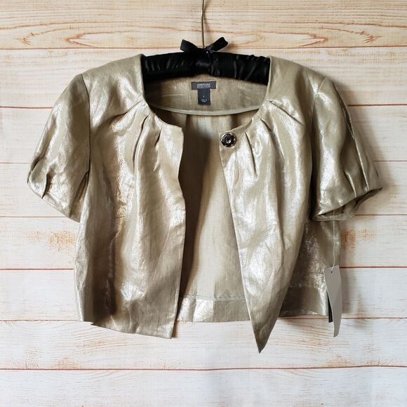 Kenneth Cole Reaction 100% Linen Metallic Short Sleeve Shrug Cover Cropped - Picture 1 of 10